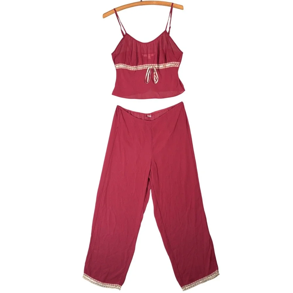 Vintage Victoria's Secret Burgundy Red Babydoll Cami Pajama Set Lace Trim M Y2K